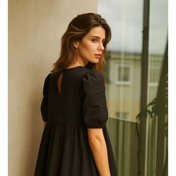 Aritzia Wilfred Rengo Puff Sleeve Tiered Black Cotton Midi Dress